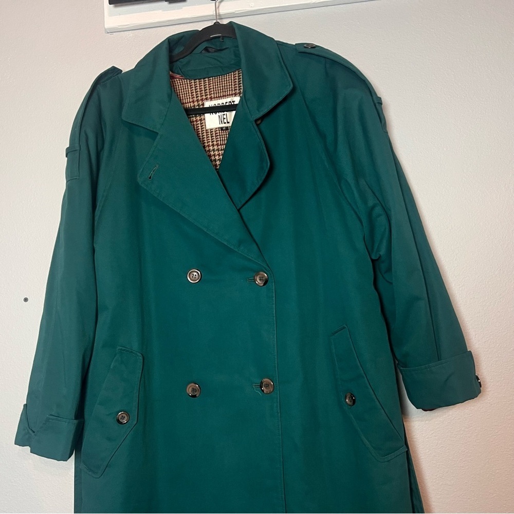 Vintage Double Breasted Trench Coat Womens Teal Green Size 12 Lined Long Belted - Picture 4 of 15